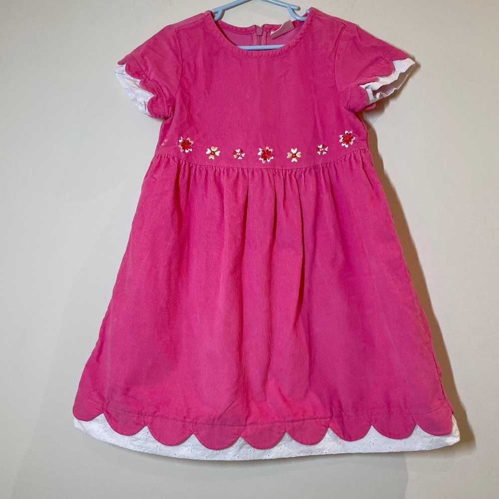 Hanna Andersson Pink Corduroy Girl size 5 Dress Embroidery Flowers Short‎ Sleeve